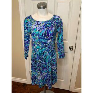 Lilly Pulitzer Bennett Blue Sneak A Beak Floral Hollee T-Shirt Dress, Size M